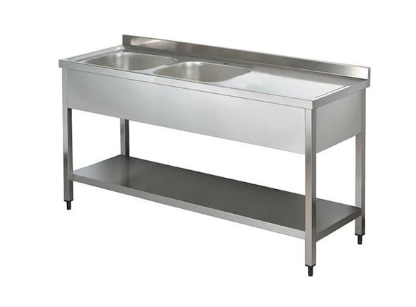 Paslanmaz Çelik Çift Evyeli Çalışma Tezgahı Taban Raflı 160x60x85cm