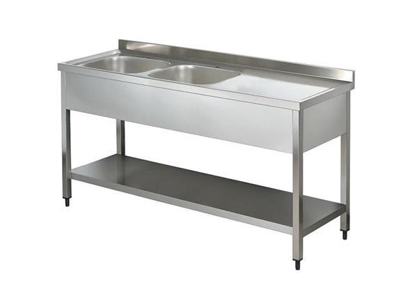 Paslanmaz Çelik Çift Evyeli Çalışma Tezgahı Taban Raflı 180x60x85cm